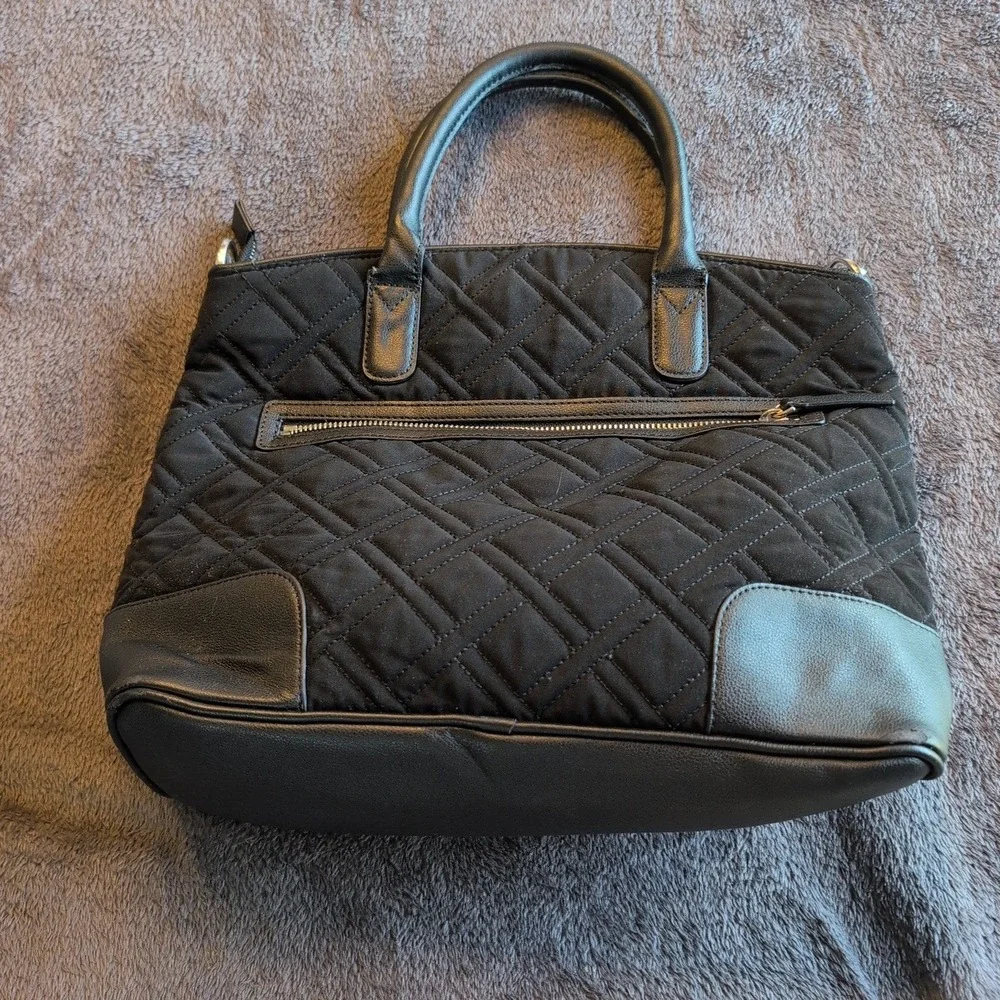 Vera Bradley Black Quilted Microfiber Satchel Handbag with Faux Leather Trim
